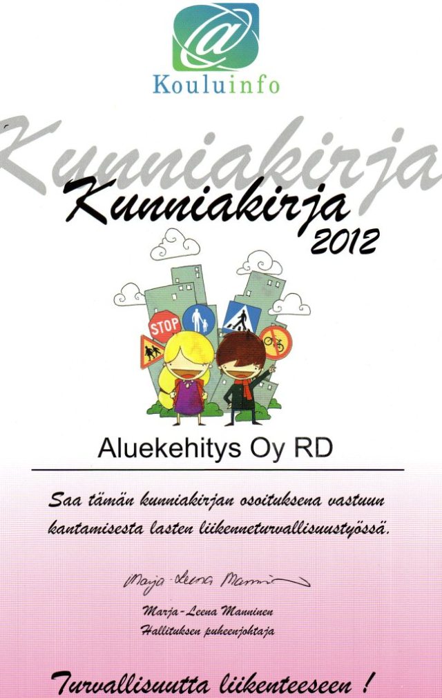 Aluekehitys RD, Liikenneturvallisuus-kunniakirja 19.11.2012