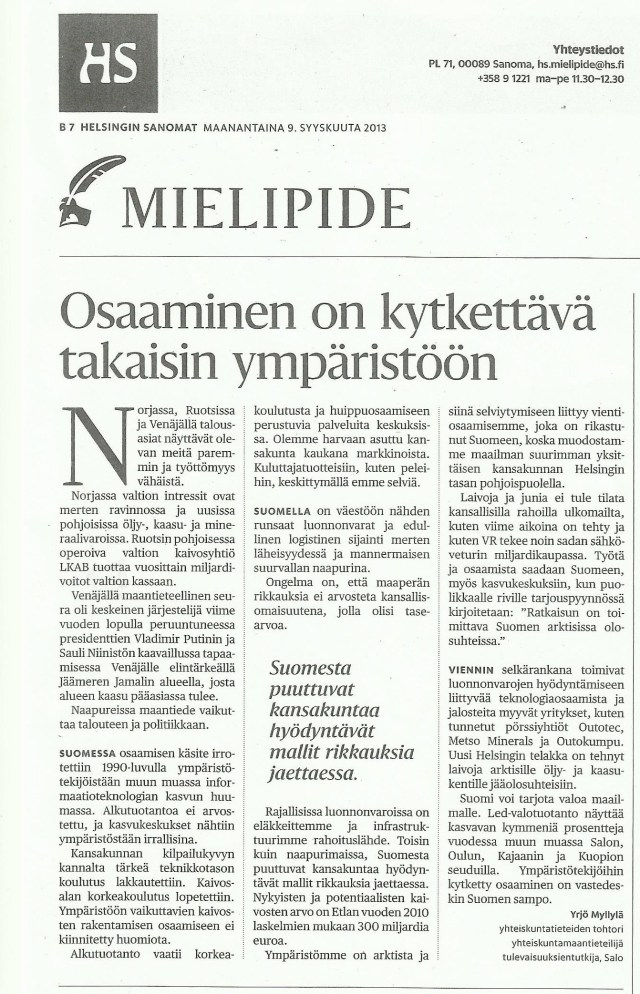 HS Mielipide 9.9.2013, Osaaminen on kytkettävä takaisin ympäristöön